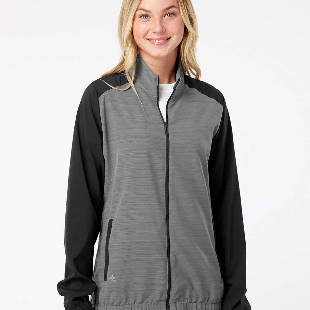 Adidas Women's Heather Block Full-Zip Wind Jacket, Size XS, Black/Heather Gray.